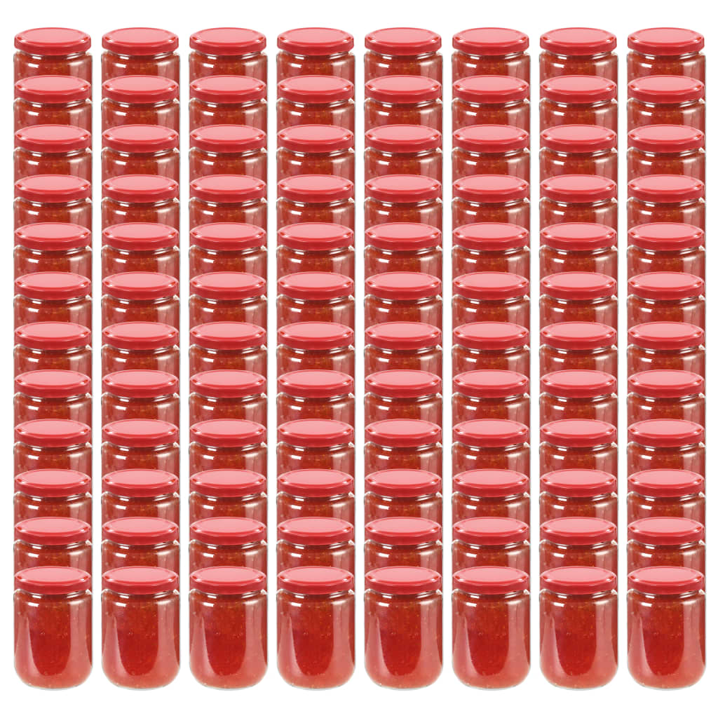 vidaXL Stekleni kozarci z rdečimi pokrovi 96 kosov 230 ml