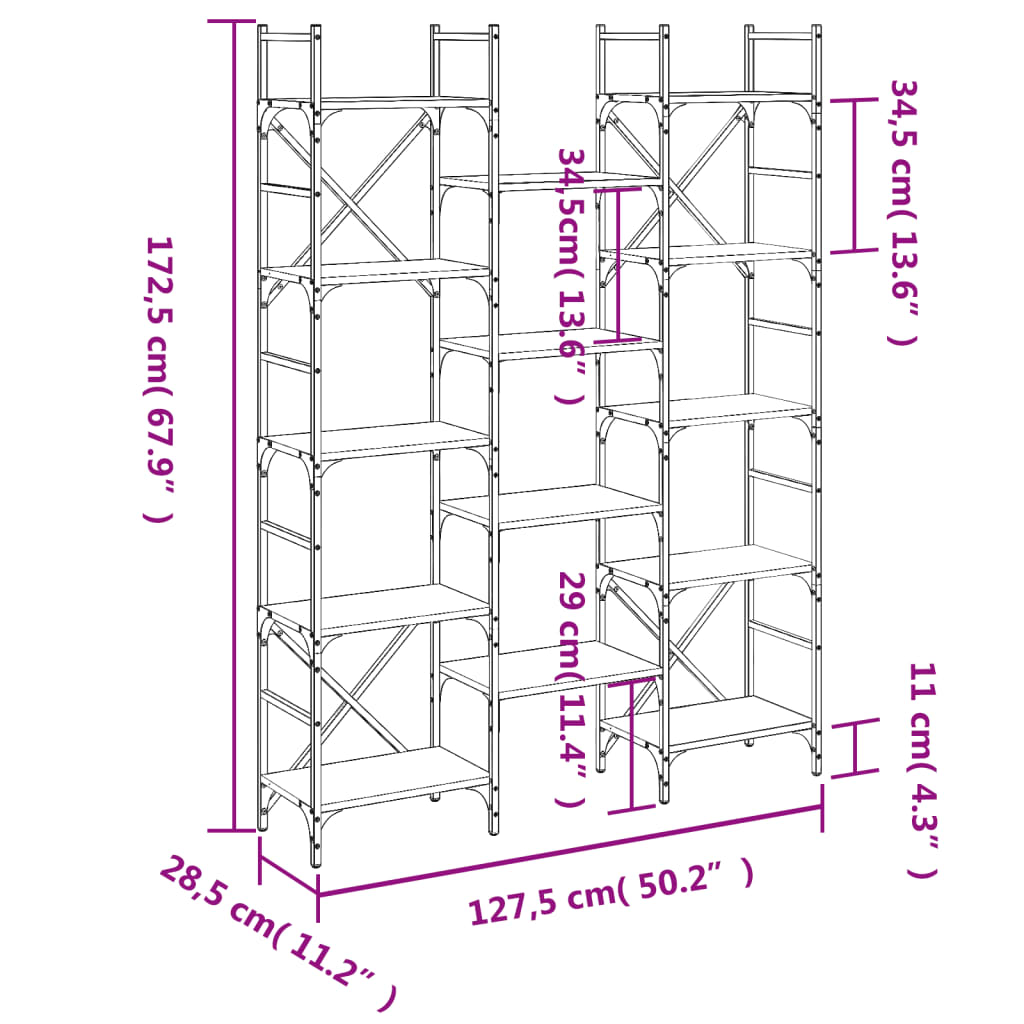 vidaXL Knjižna polica sonoma hrast 127,5x28,5x172,5 cm inženirski les