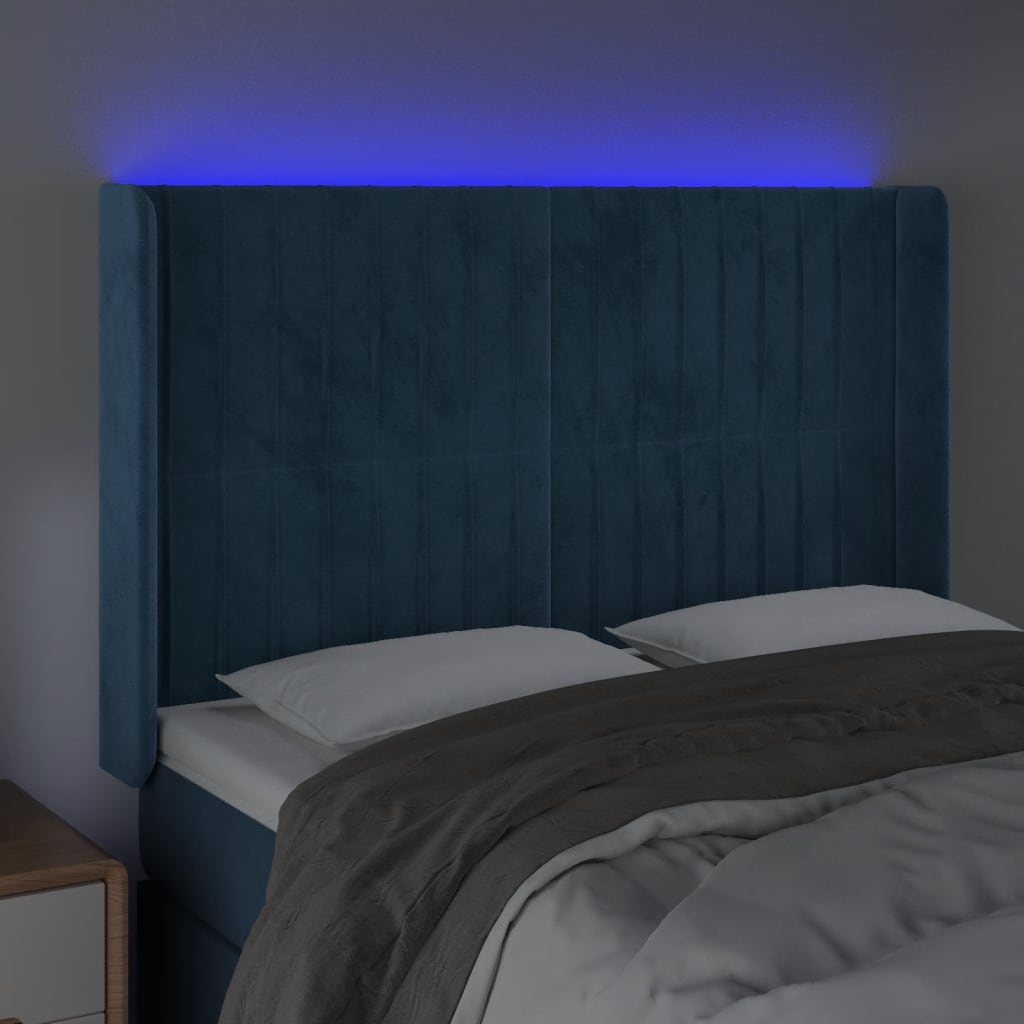 vidaXL LED posteljno vzglavje temno modro 147x16x118/128 cm žamet