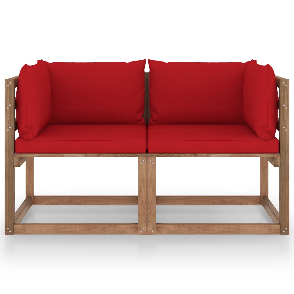 vidaXL Vrtni kavč dvosed iz palet z rdečimi blazinami borovina