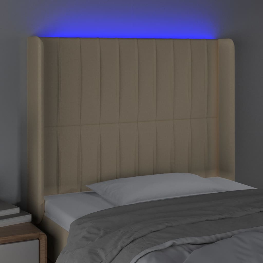 vidaXL LED posteljno vzglavje krem 103x16x118/128 cm blago