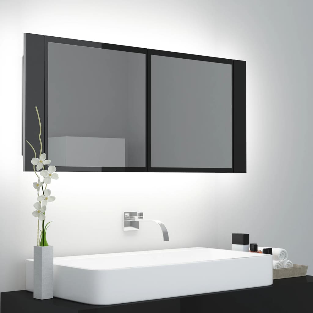 vidaXL LED kopalniška omarica z ogledalom visok sijaj črna akril