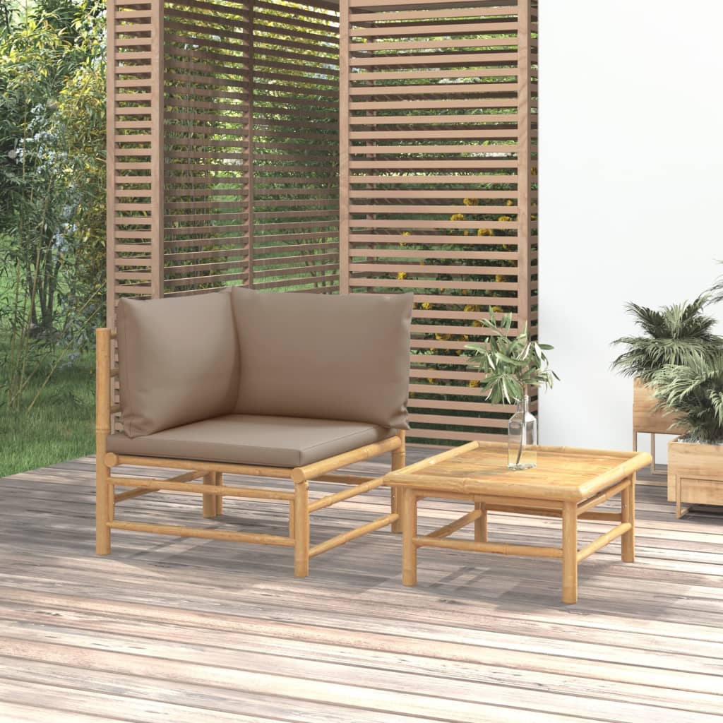 vidaXL Vrtna sedežna garnitura 2-delna s taupe blazinami bambus