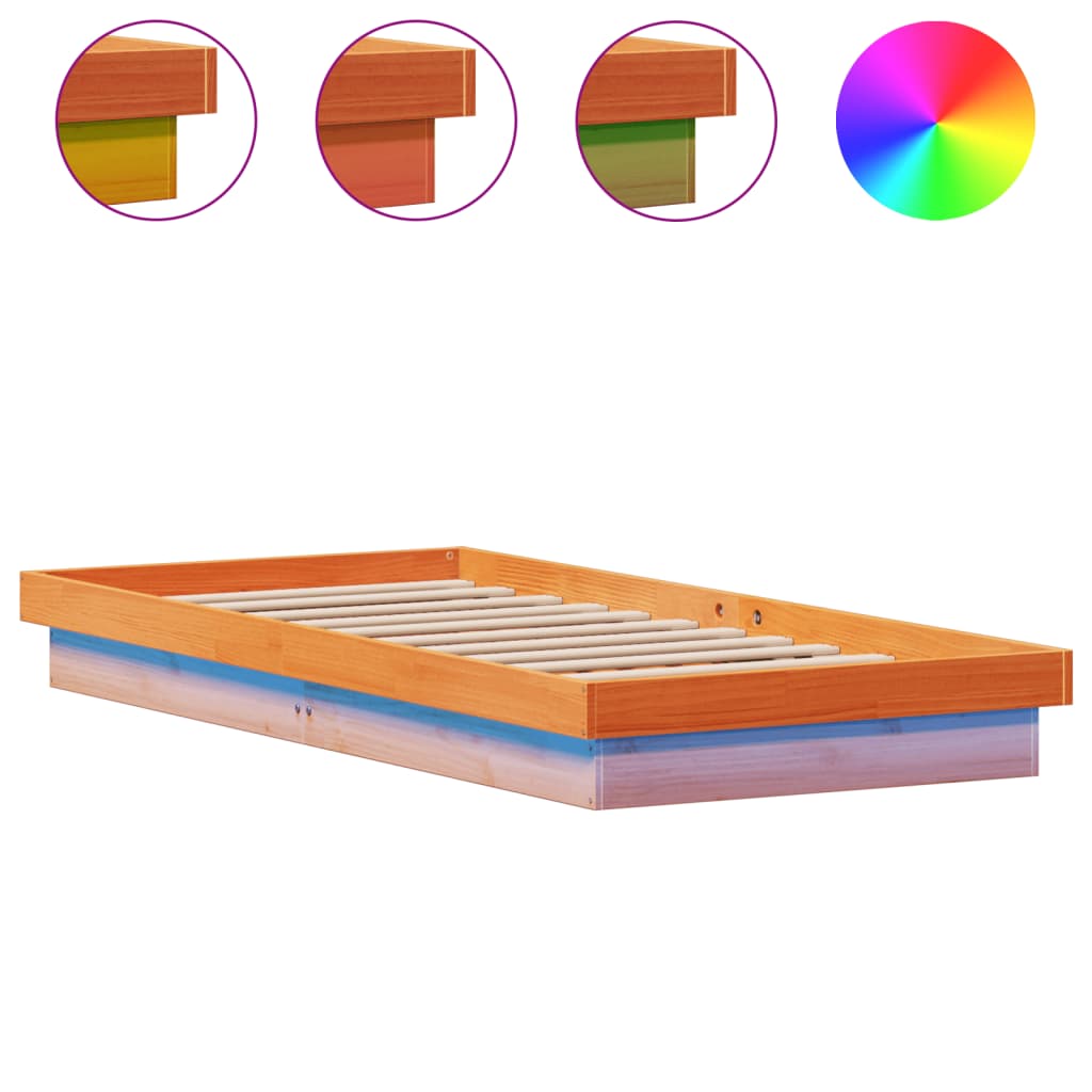 vidaXL LED posteljni okvir voščeno rjav 100x200 cm trdna borovina