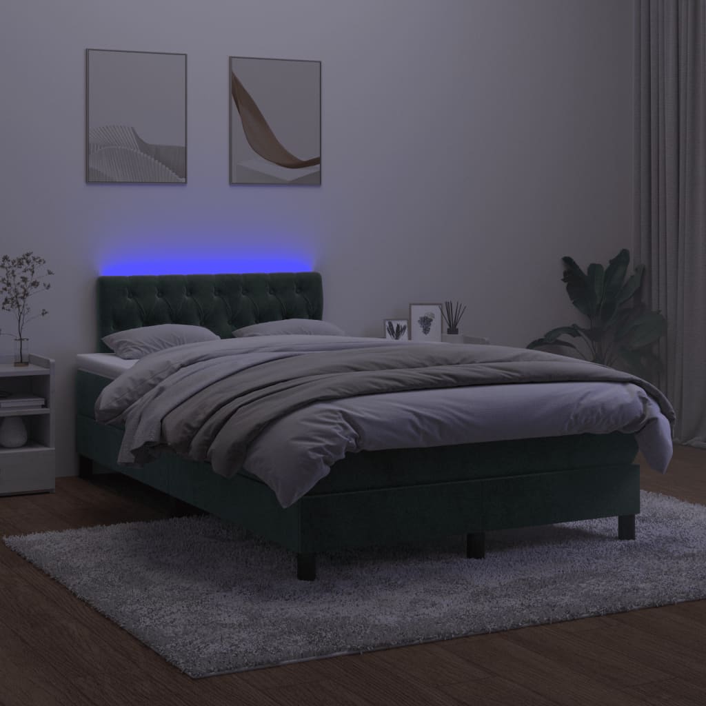 vidaXL Box spring postelja z vzmetnico LED tem. zelena 120x200cm žamet