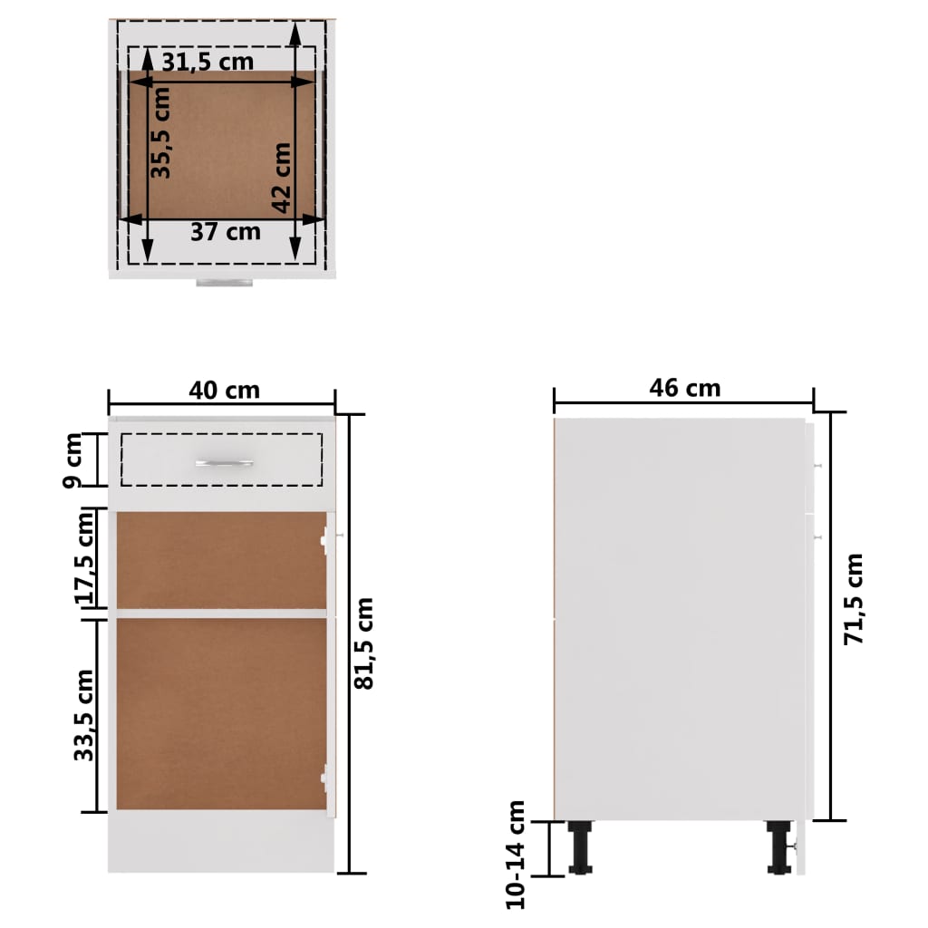 vidaXL Spodnja omarica s predalom visok sijaj bela 40x46x81,5 cm