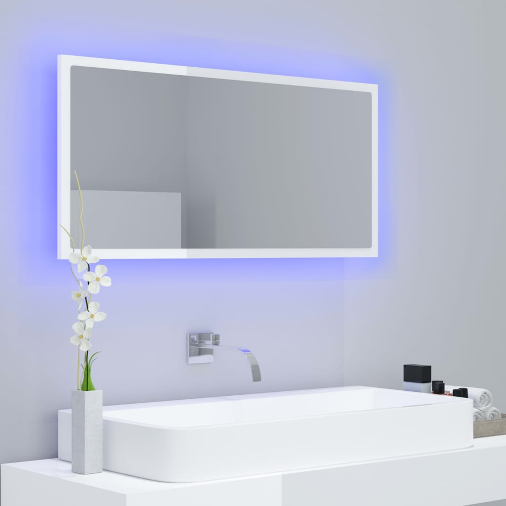 vidaXL LED kopalniško ogledalo visok sijaj belo 90x8,5x37 cm akril