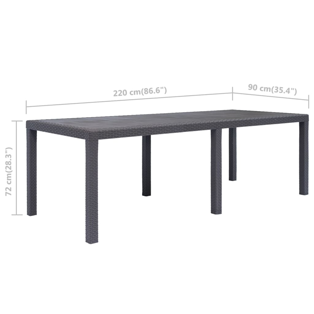 vidaXL Vrtna miza iz plastike 220x90x72 cm izgled ratana rjava