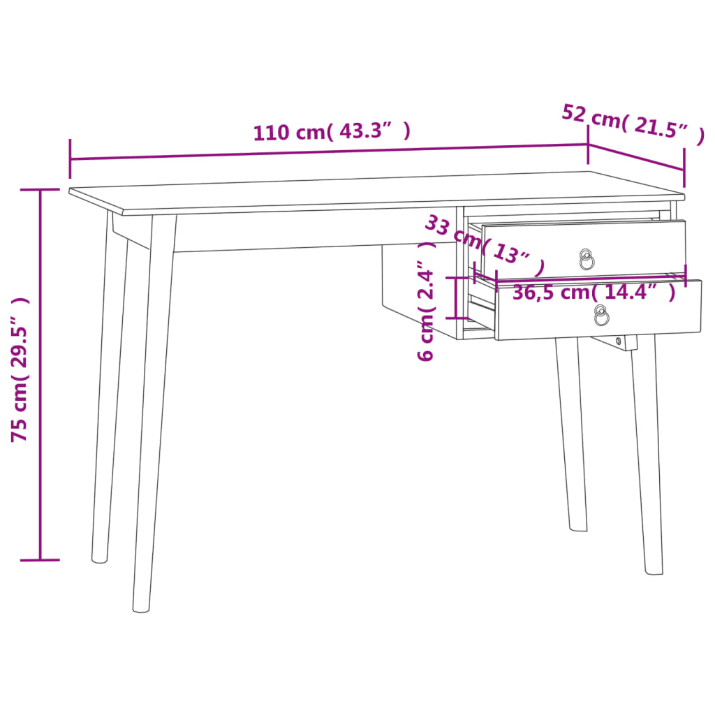 vidaXL Pisalna miza z 2 predaloma 110x52x75 cm trdna tikovina