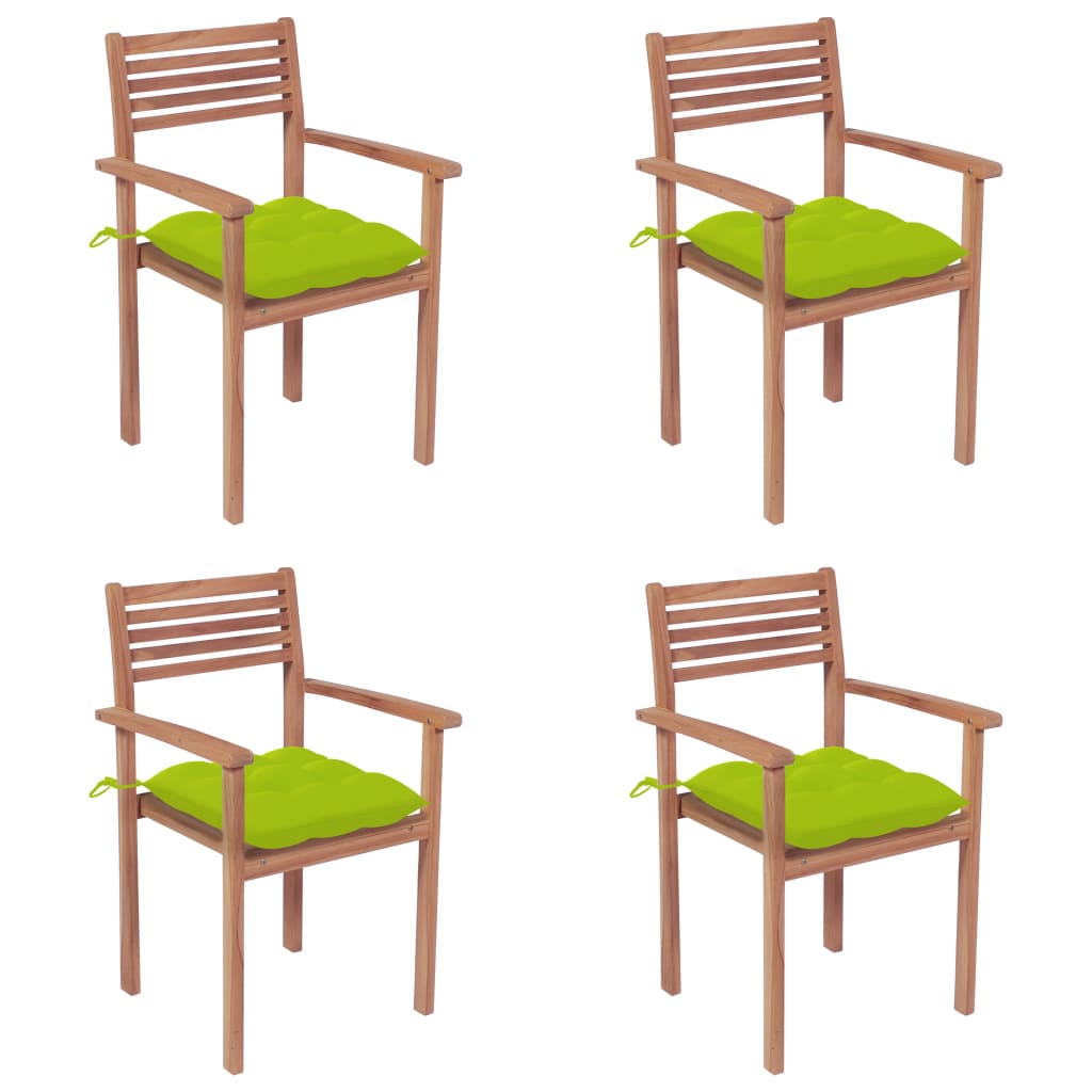 vidaXL Vrtni stoli 4 kosi s svetlo zelenimi blazinami trdna tikovina
