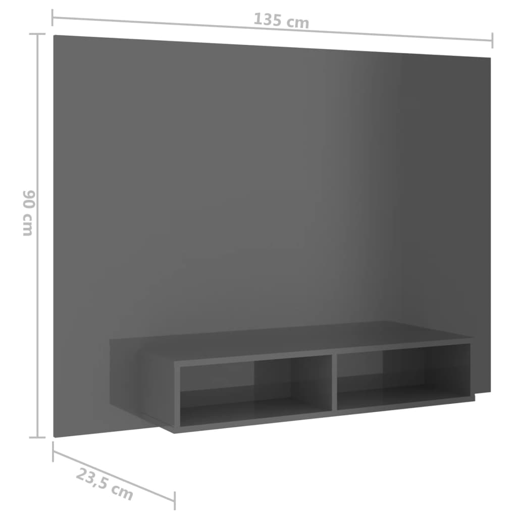 vidaXL Stenska TV omarica visok sijaj siva 135x23,5x90 cm iverna pl.