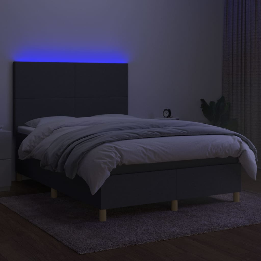 vidaXL Box spring postelja z vzmetnico LED temno siva 140x200 cm blago