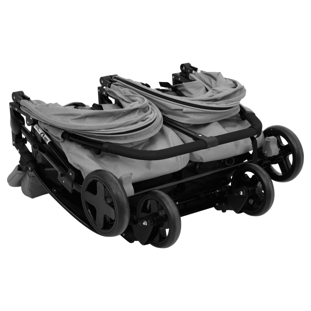 vidaXL Otroški voziček za dvojčke svetlo siv in črn jeklen
