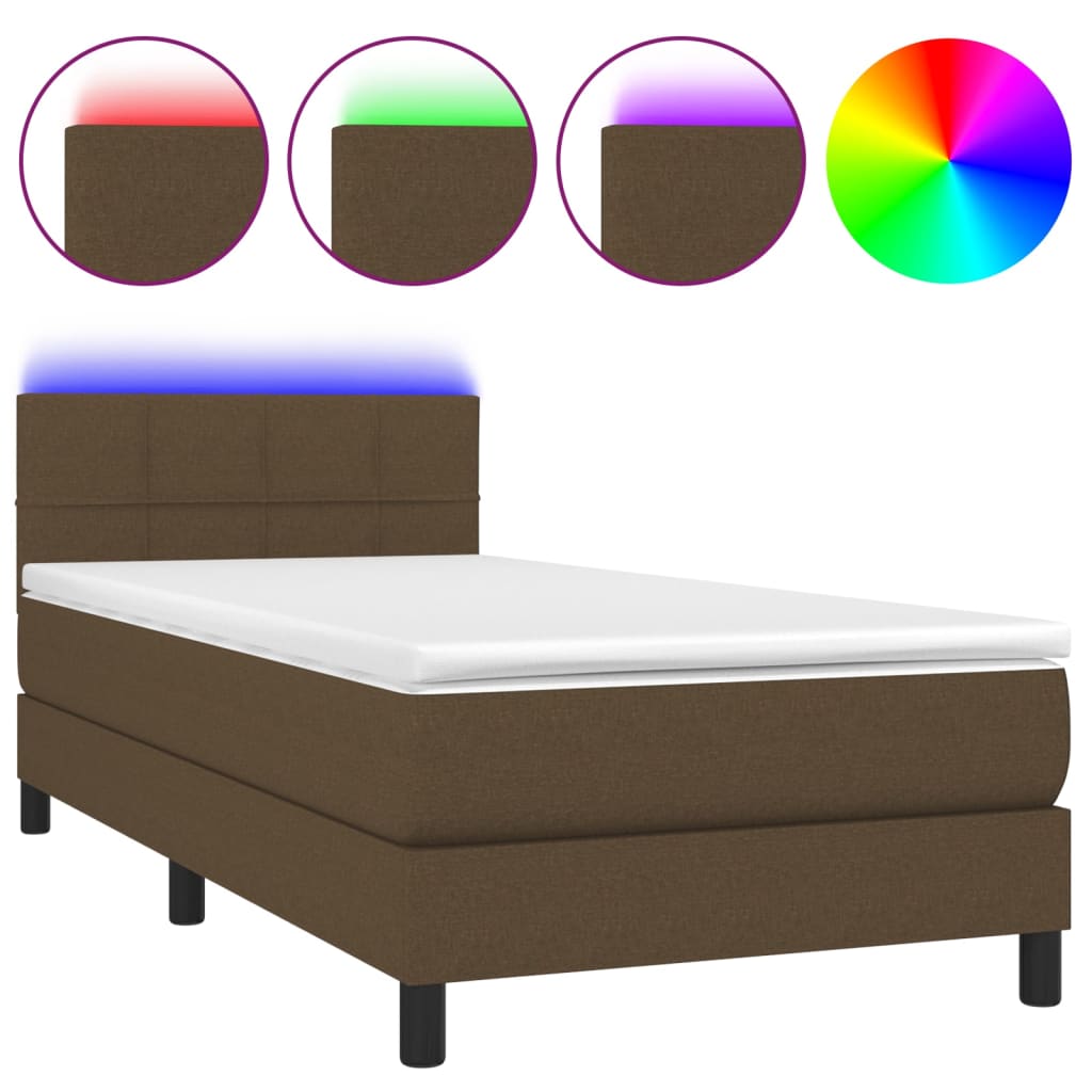 vidaXL Box spring postelja z vzmetnico LED temno rjava 90x200 cm blago