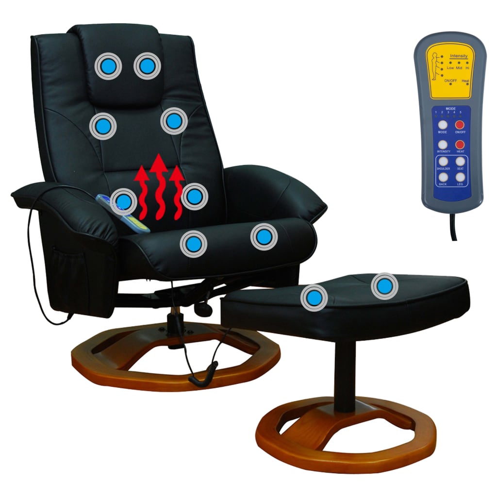 vidaXL Masažni stol s stolčkom za noge črno umetno usnje