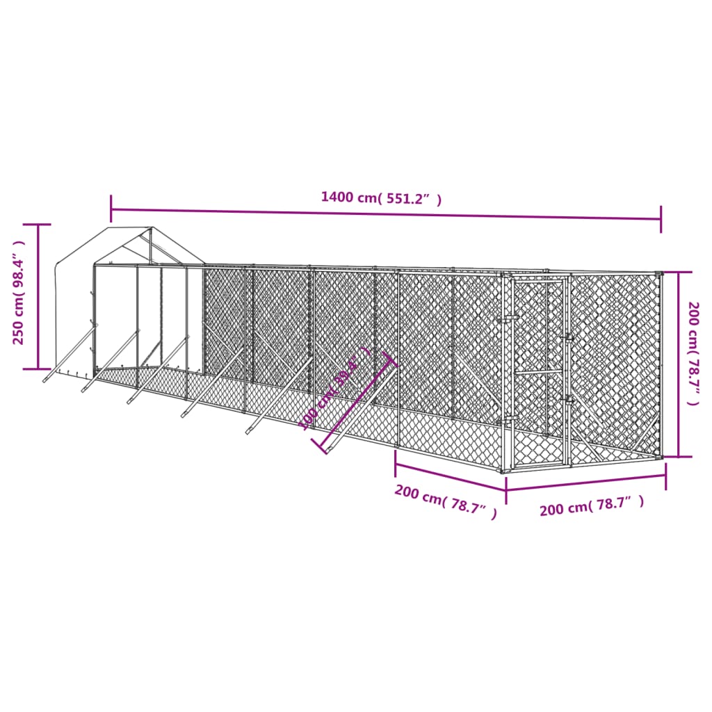 vidaXL Zunanja pasja ograda s streho srebrna 2x14x2,5m pocinkano jeklo