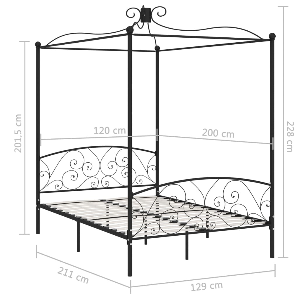 vidaXL Posteljni okvir z ogrodjem za baldahin črn kovinski 120x200 cm
