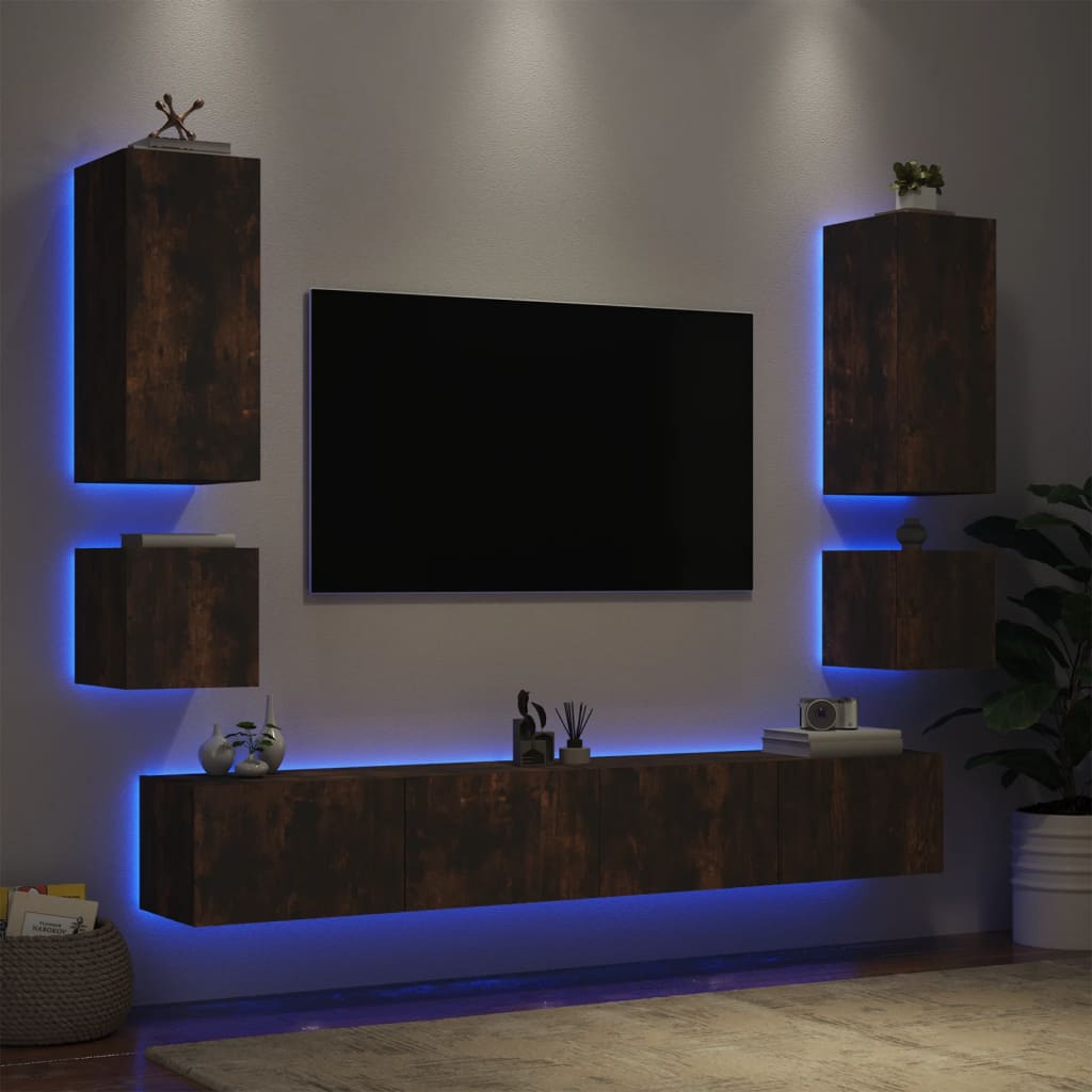 vidaXL Stenske TV omarice z LED lučkami 6 kosi dimljeni hrast