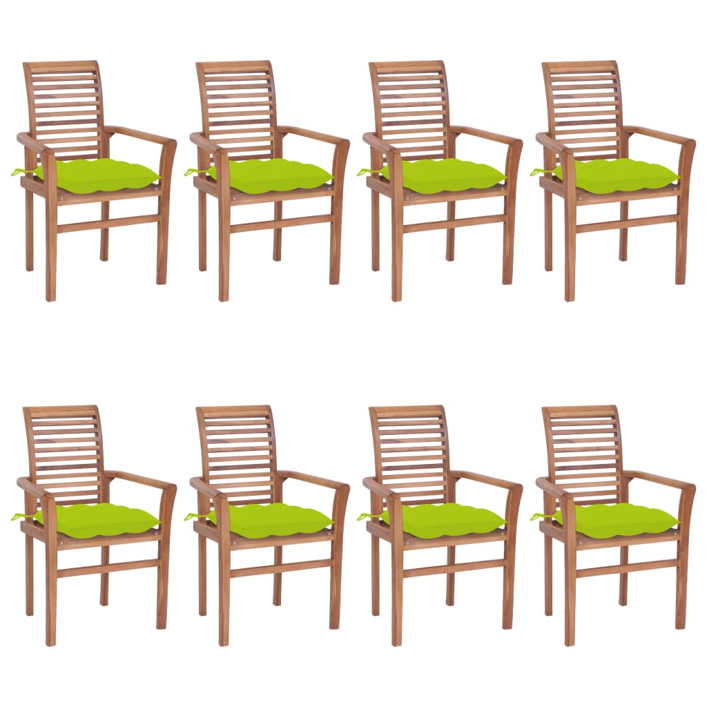 vidaXL Jedilni stoli 8 kosov s svetlo zelenimi blazinami tikovina