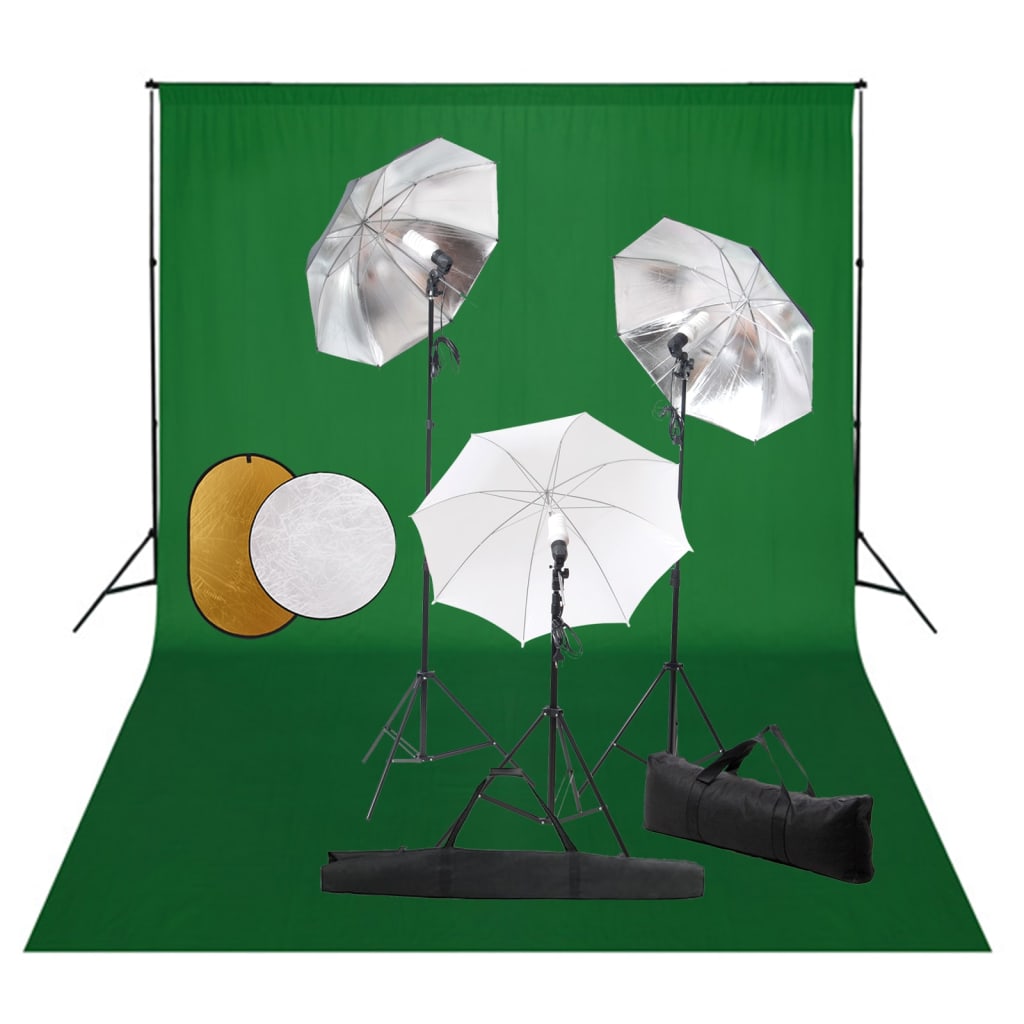 vidaXL Studijski komplet s svetilkami, dežniki, ozadjem in odbojnikom