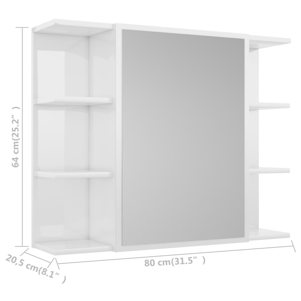 vidaXL Kopalniška omarica z ogledalom visok sijaj bela 80x20,5x64 cm