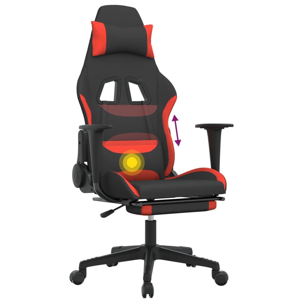 vidaXL Masažni gaming stol z oporo za noge črno in rdeče blago