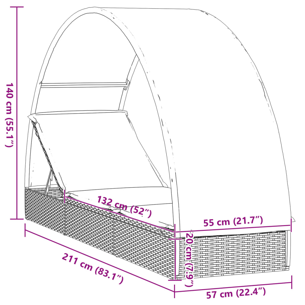 vidaXL Vrtna postelja s streho siva 211x57x140 cm poli ratan