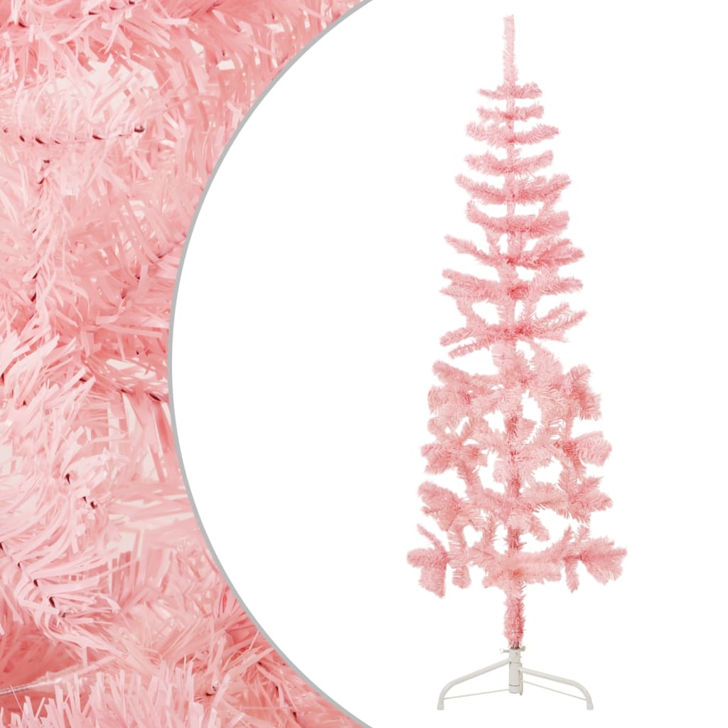 vidaXL Ozka umetna polovična novoletna jelka s stojalom roza 180 cm
