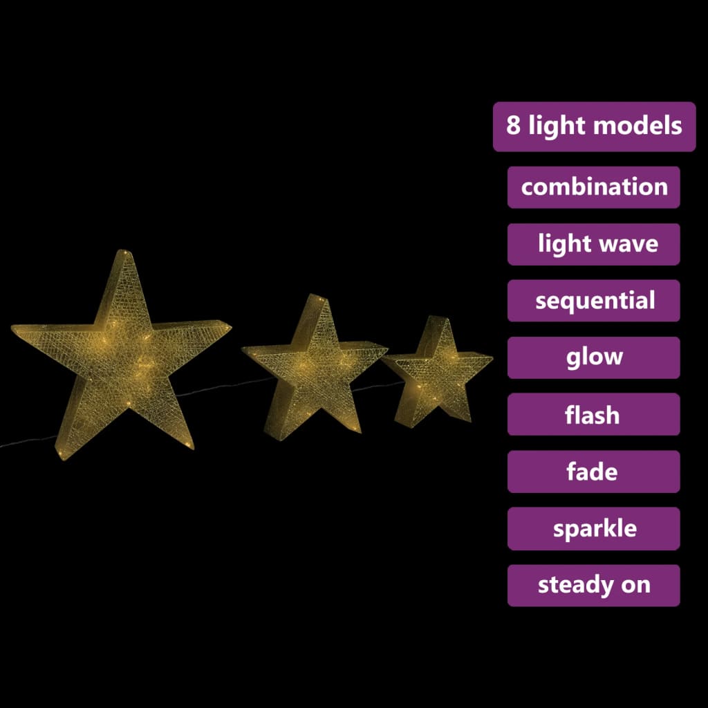 vidaXL Okrasne božične zvezde 3 kosi LED zlata mreža zunanje/notranje