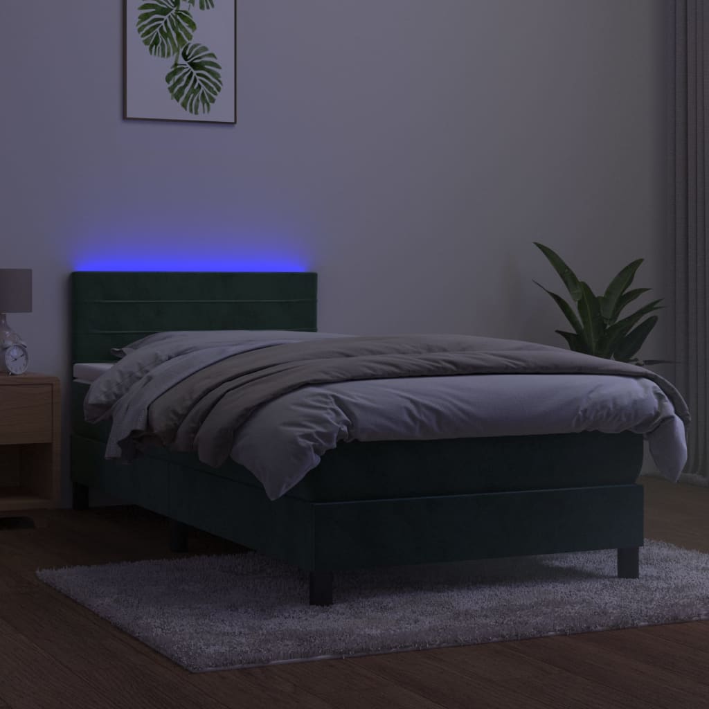 vidaXL Box spring postelja z vzmetnico LED tem. zelena 90x200 cm žamet