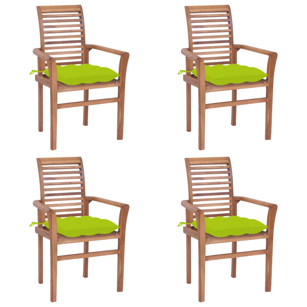 vidaXL Jedilni stoli 4 kosi s svetlo zelenimi blazinami trdna tikovina