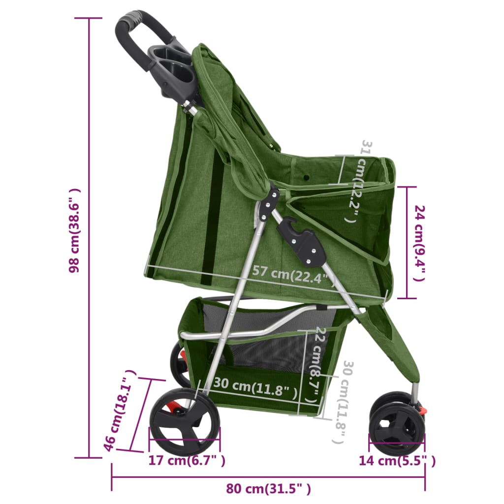 vidaXL Zložljiv pasji voziček zelen 80x46x98 cm oxford blago