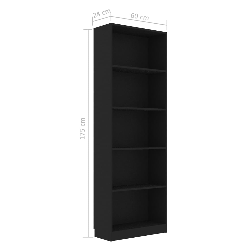 vidaXL Knjižna omara 5-nadstropna črna 60x24x175 cm iverna plošča