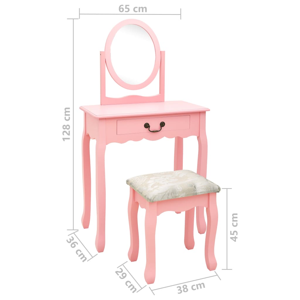 vidaXL Mizica za ličenje s stolčkom roza 65x36x128cm pavlovnija in MDF
