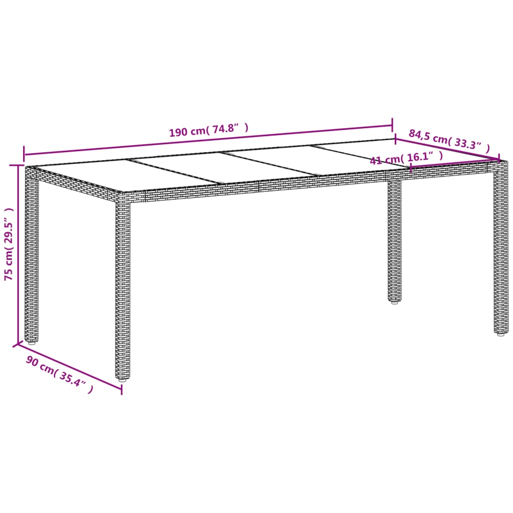 vidaXL Vrtna miza s stekleno ploščo bela 190x90x75 cm poli ratan