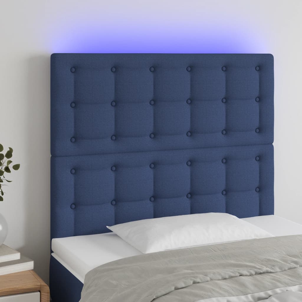 vidaXL LED posteljno vzglavje modro 90x5x118/128 cm blago
