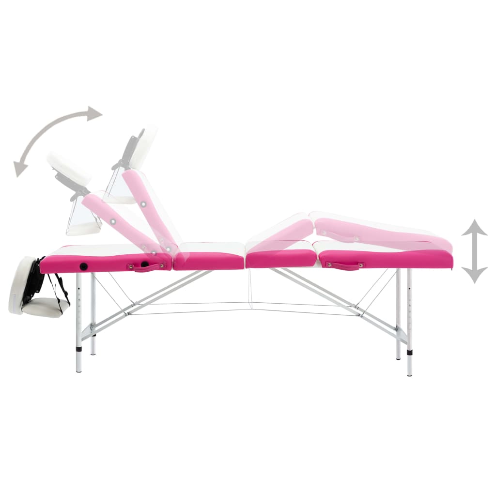 vidaXL 4-conska zložljiva masažna miza aluminij bela in roza