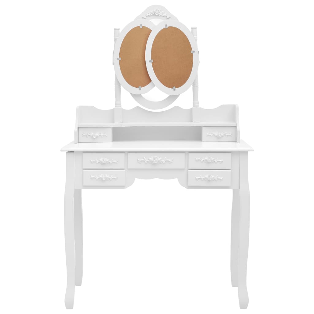 vidaXL Mizica za ličenje s stolčkom in tridelnim ogledalom bela