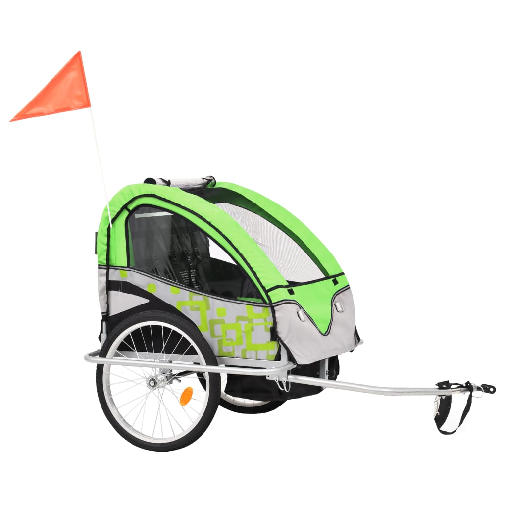 vidaXL Otroška kolesarska prikolica in voziček 2 v 1 zelena in siva