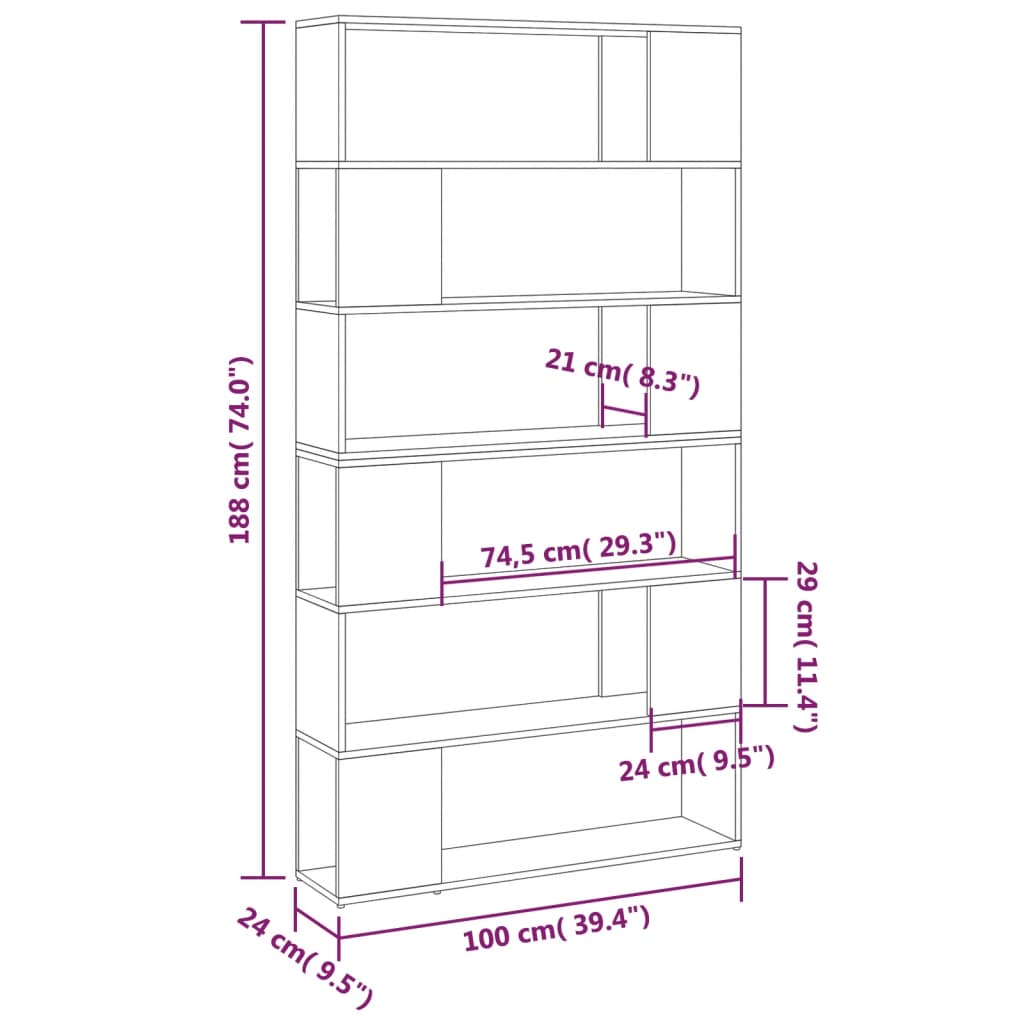 vidaXL Knjižna omara za razdelitev prostora sijaj siva 100x24x188 cm