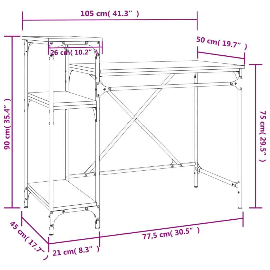 vidaXL Pisalna miza s policami dimljen hrast 105x50x90 cm inženir. les