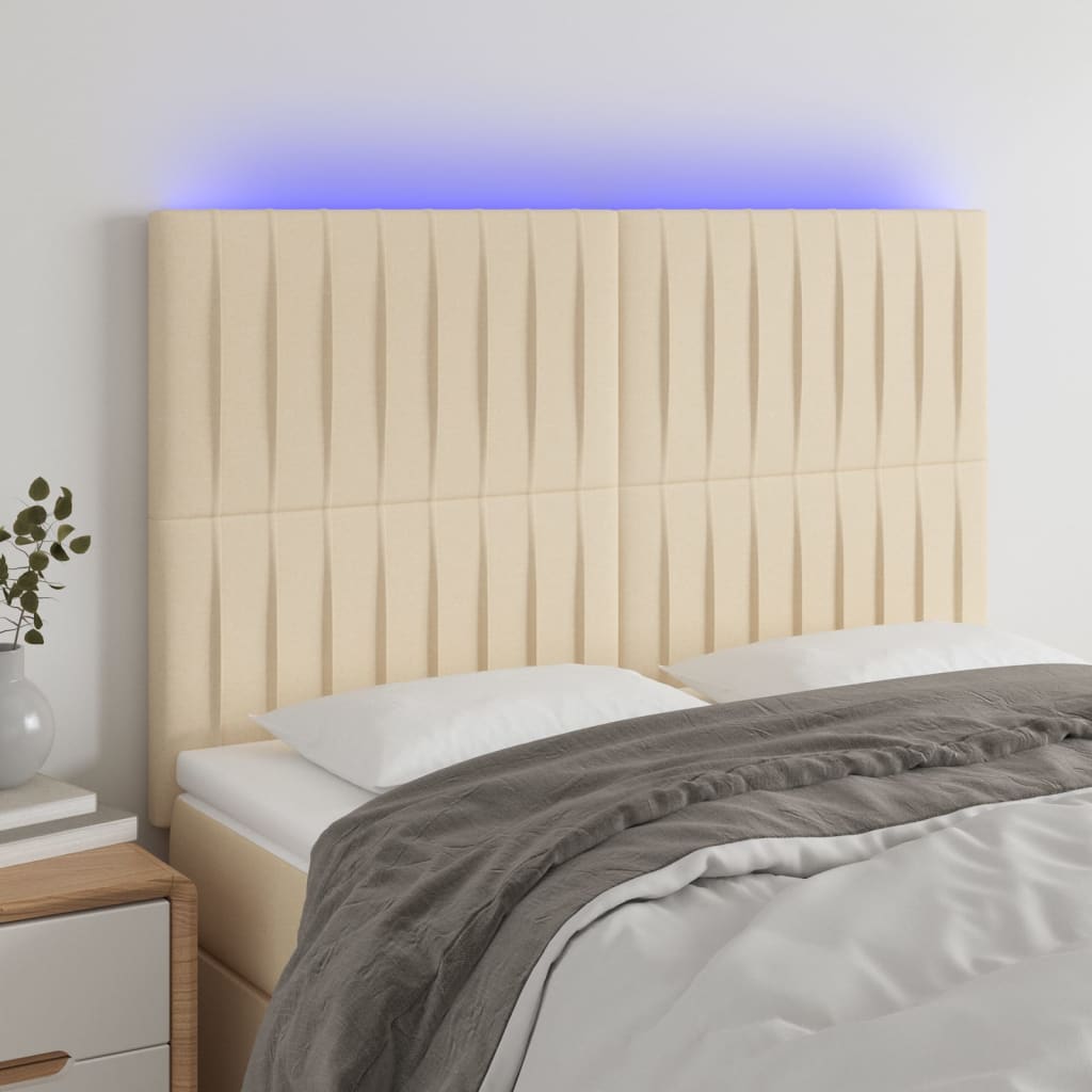 vidaXL LED posteljno vzglavje krem 144x5x118/128 cm blago