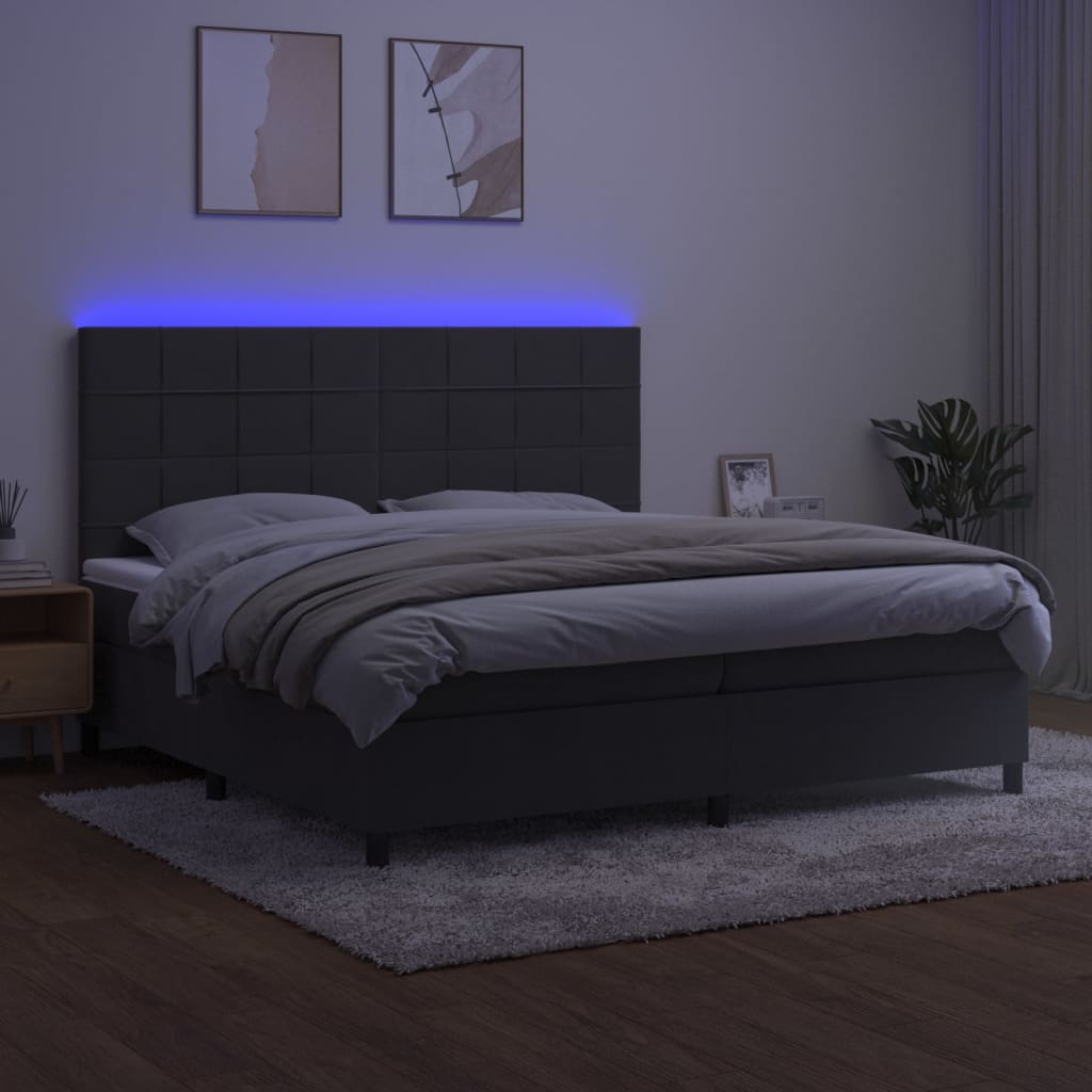 vidaXL Box spring postelja z vzmetnico LED temno siva 200x200 cm žamet