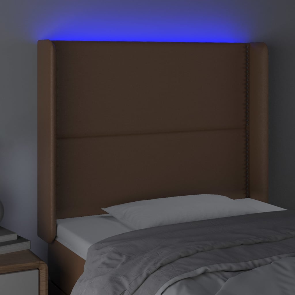 vidaXL LED posteljno vzglavje rjavo 93x16x118/128 cm umetno usnje