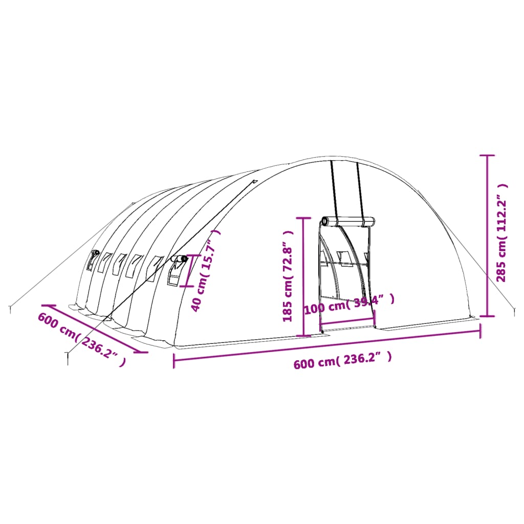 vidaXL Rastlinjak z jeklenim okvirjem bel 36 m² 6x6x2,85 m