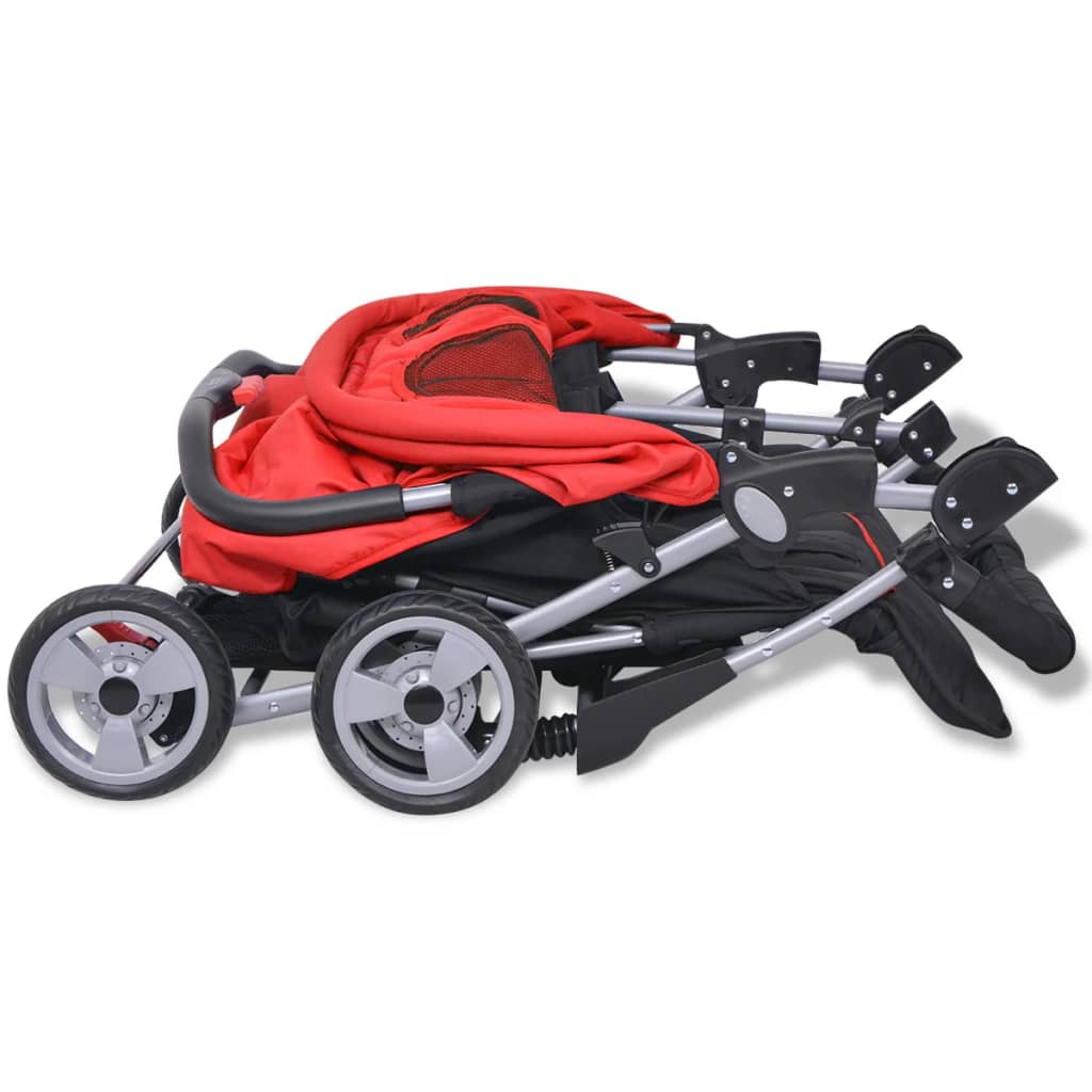 vidaXL Otroški voziček za dvojčke jeklen rdeč in črn