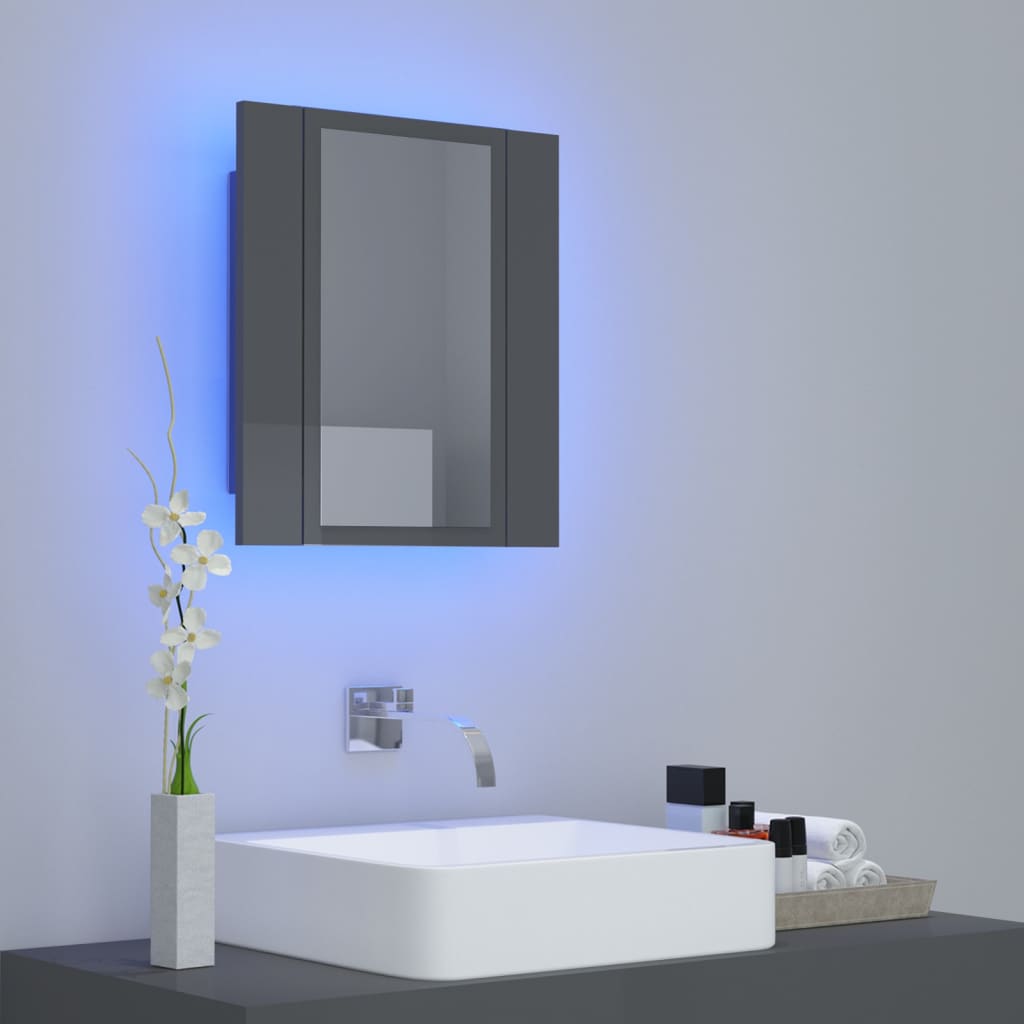 vidaXL LED kopalniška omarica z ogledalom visok sijaj siva akril