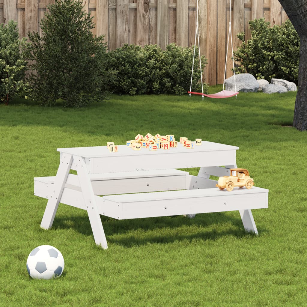vidaXL Miza za piknik s peskovnikom za otroke bela trdna borovina