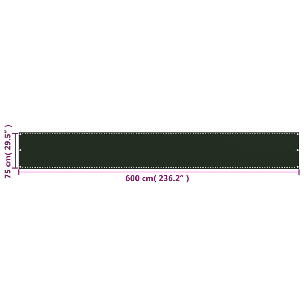 vidaXL Balkonsko platno temno zeleno 75x600 cm HDPE