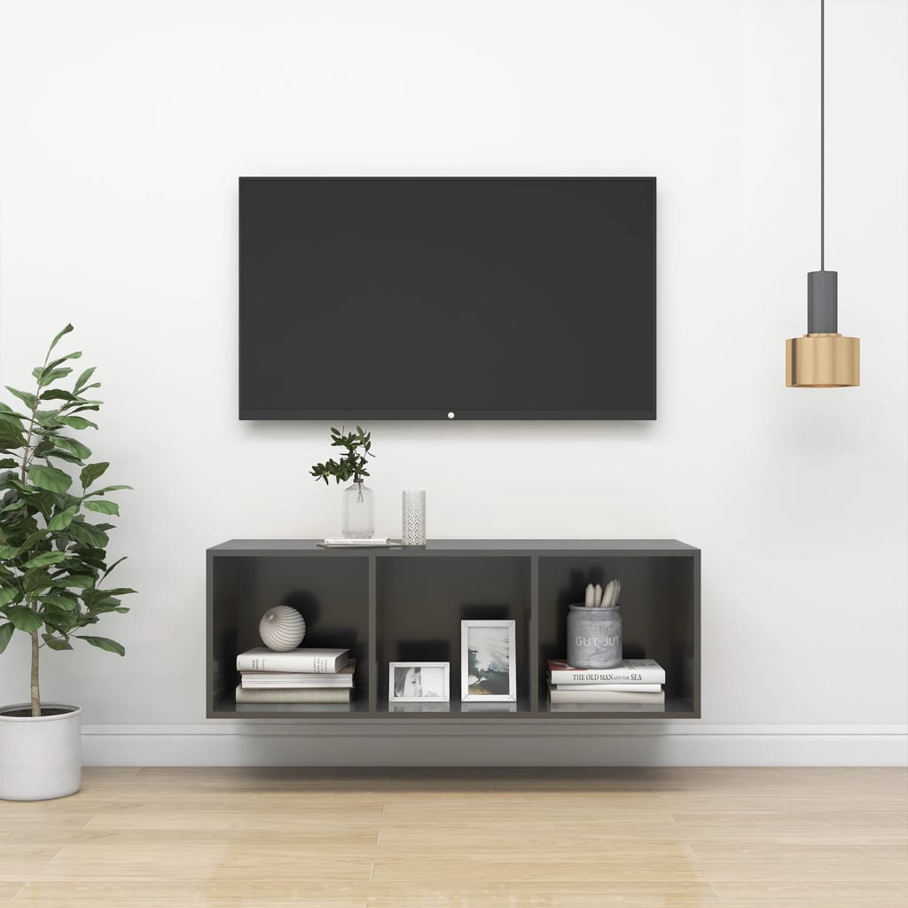 vidaXL Stenska TV omarica visok sijaj siva 37x37x107 cm iverna plošča